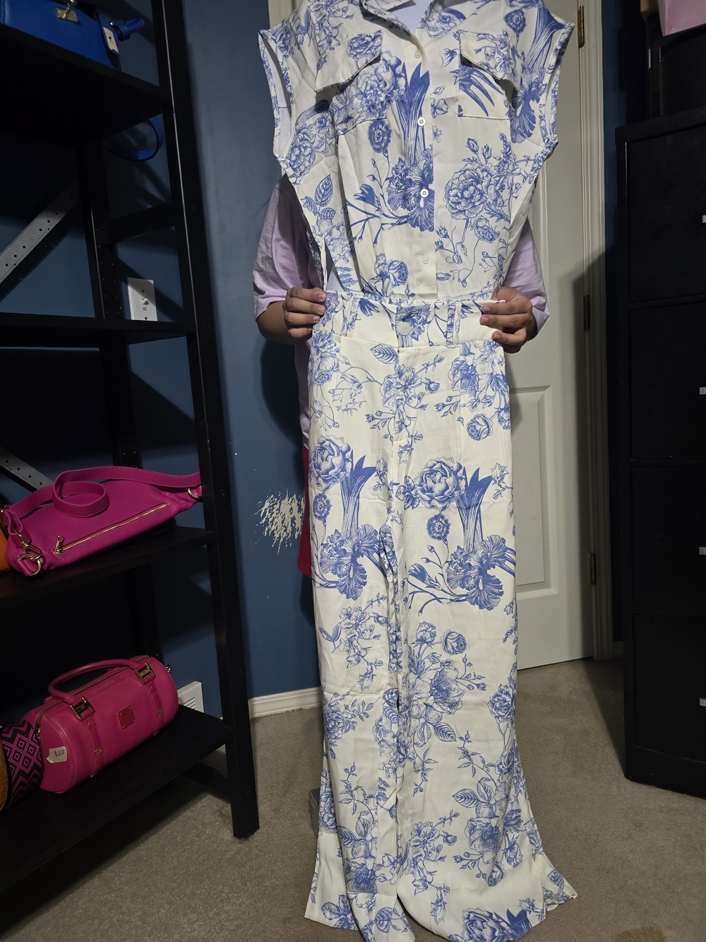Floral Blue & White Wide-Leg Jumpsuit